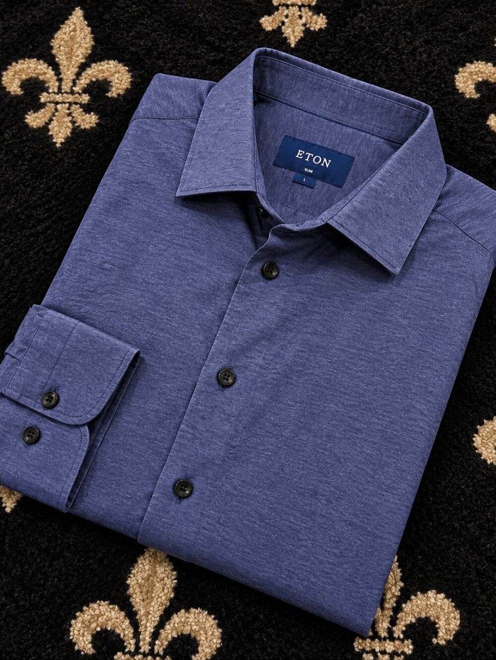 Vintage Eton Shirt Mens L Blue Satin Feel Long Sleeve Button Up Luxury Casual